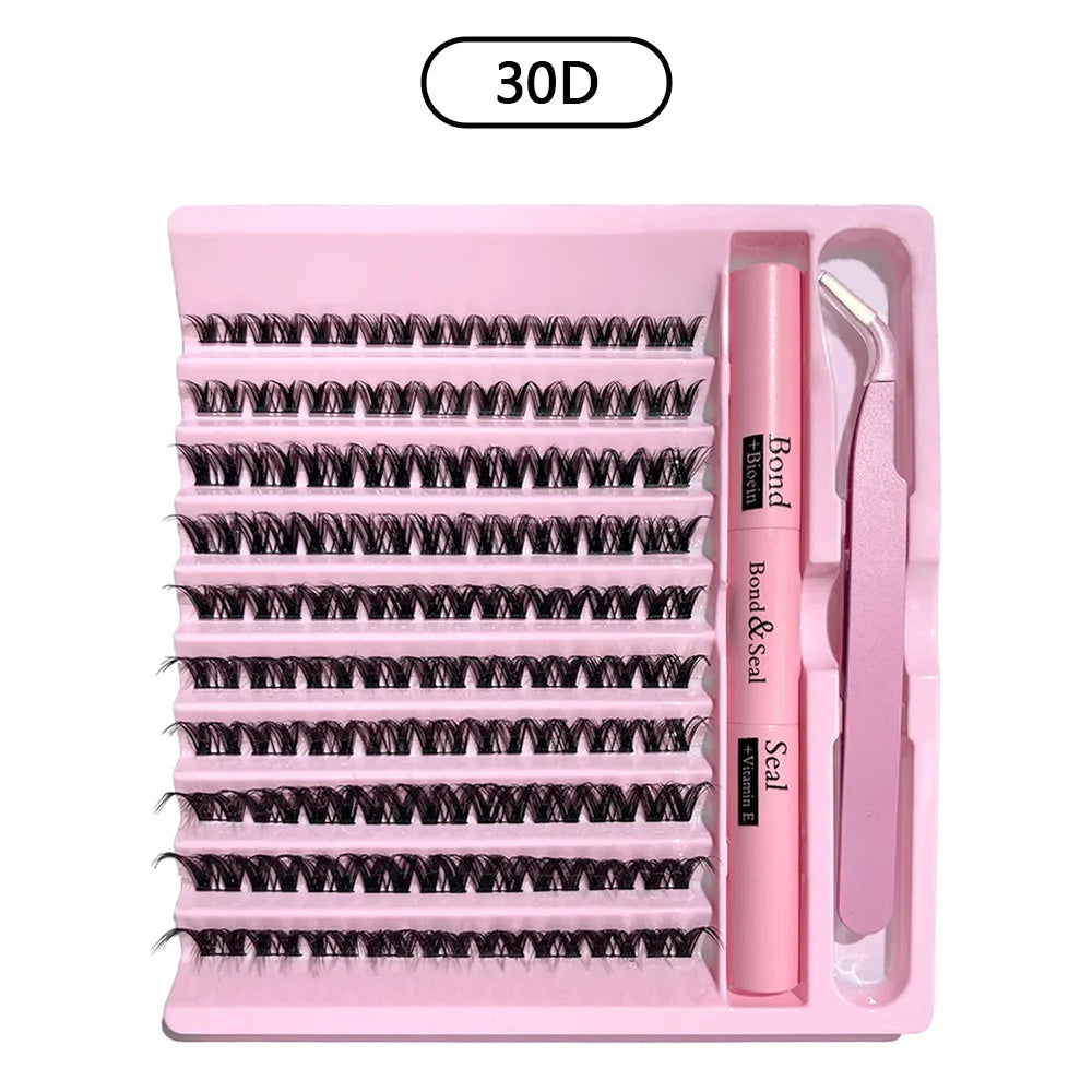 3D 190 PCS Cluster Lashes Kit DIY Lash Extension Set with Glue Accessories Eyelash Curler Lash Bond And Seal Makeup Tools