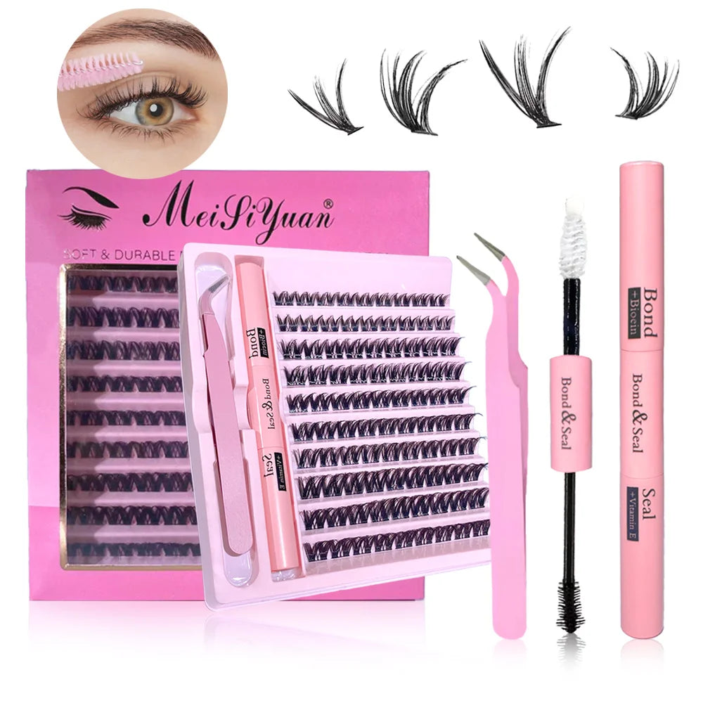 3D 190 PCS Cluster Lashes Kit DIY Lash Extension Set with Glue Accessories Eyelash Curler Lash Bond And Seal Makeup Tools
