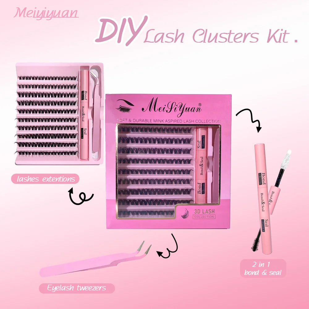 3D 190 PCS Cluster Lashes Kit DIY Lash Extension Set with Glue Accessories Eyelash Curler Lash Bond And Seal Makeup Tools