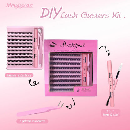 3D 190 PCS Cluster Lashes Kit DIY Lash Extension Set with Glue Accessories Eyelash Curler Lash Bond And Seal Makeup Tools