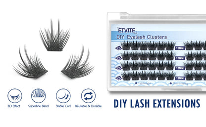 ETVITE DIY Cluster Lashes Fluffy Volume Eyelash Extension Natural Bundles Individual Lashes