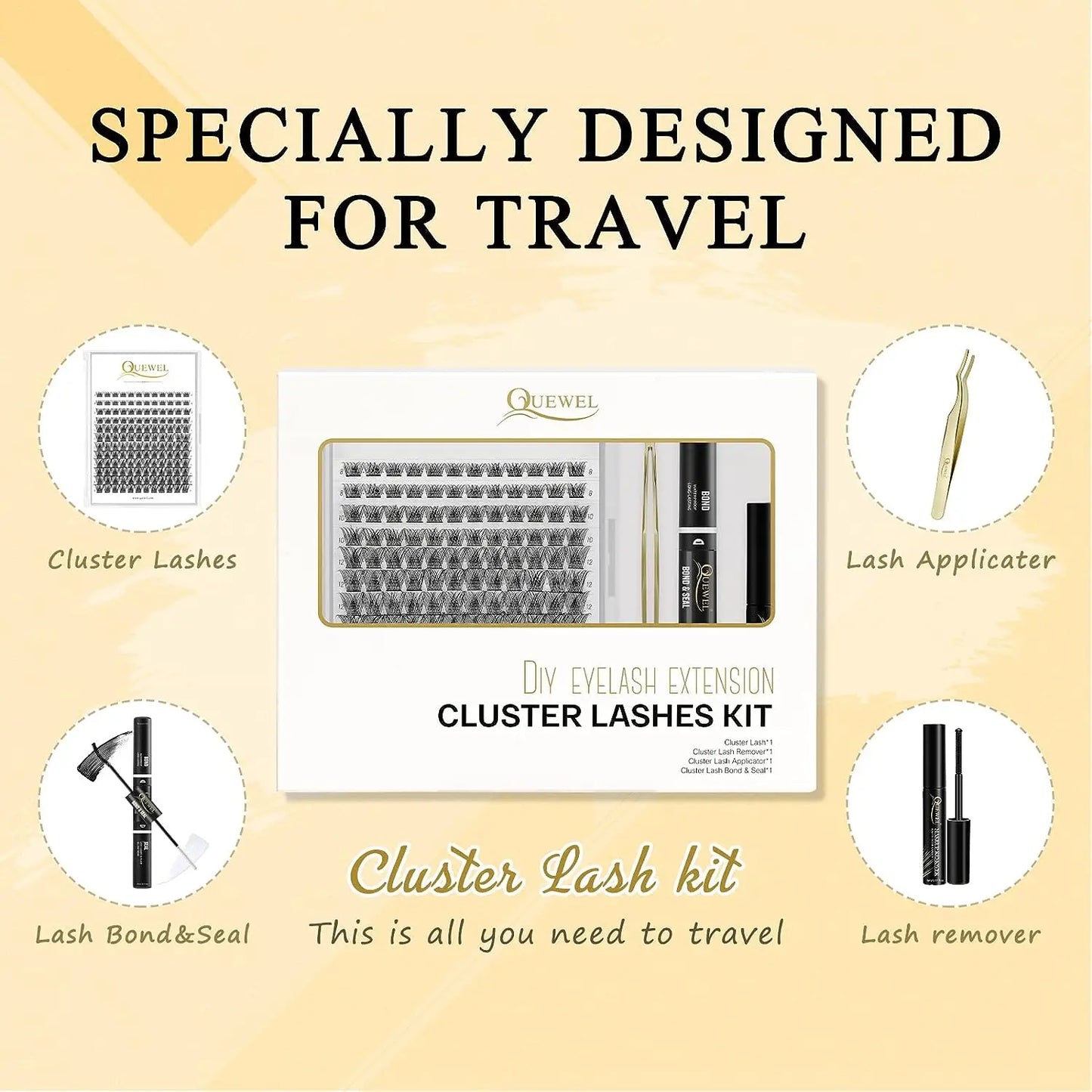 Quewel DIY Cluster Lashes Kit 144pcs Lash Clusters with Bond and Seal Eyelash Extension Glue Golden Lashes Tweezer Glue Remover