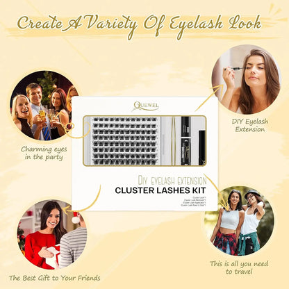 Quewel DIY Cluster Lashes Kit 144pcs Lash Clusters with Bond and Seal Eyelash Extension Glue Golden Lashes Tweezer Glue Remover