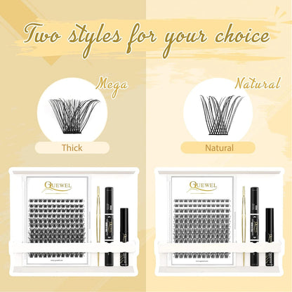 Quewel DIY Cluster Lashes Kit 144pcs Lash Clusters with Bond and Seal Eyelash Extension Glue Golden Lashes Tweezer Glue Remover