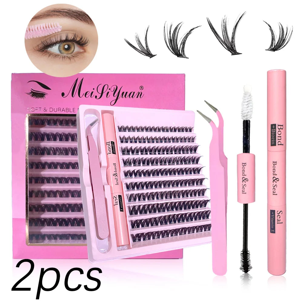 3D 190 PCS Cluster Lashes Kit DIY Lash Extension Set with Glue Accessories Eyelash Curler Lash Bond And Seal Makeup Tools