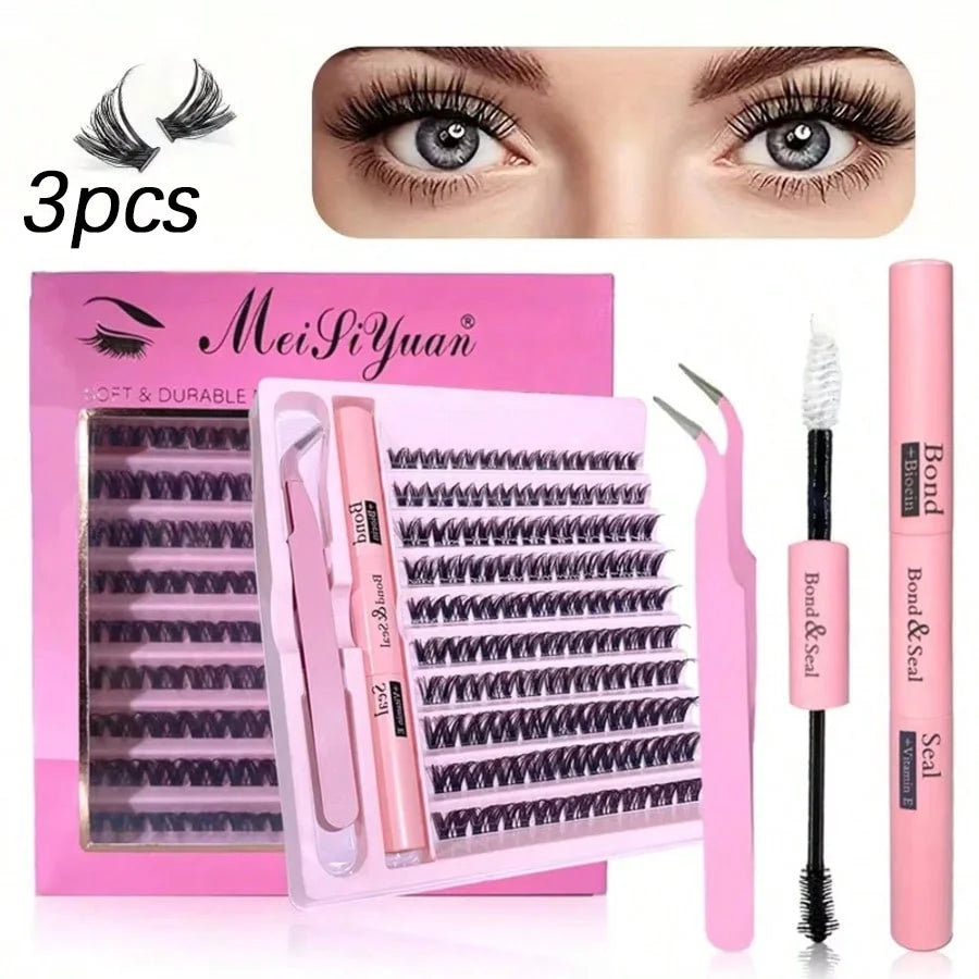 3D 190 PCS Cluster Lashes Kit DIY Lash Extension Set with Glue Accessories Eyelash Curler Lash Bond And Seal Makeup Tools
